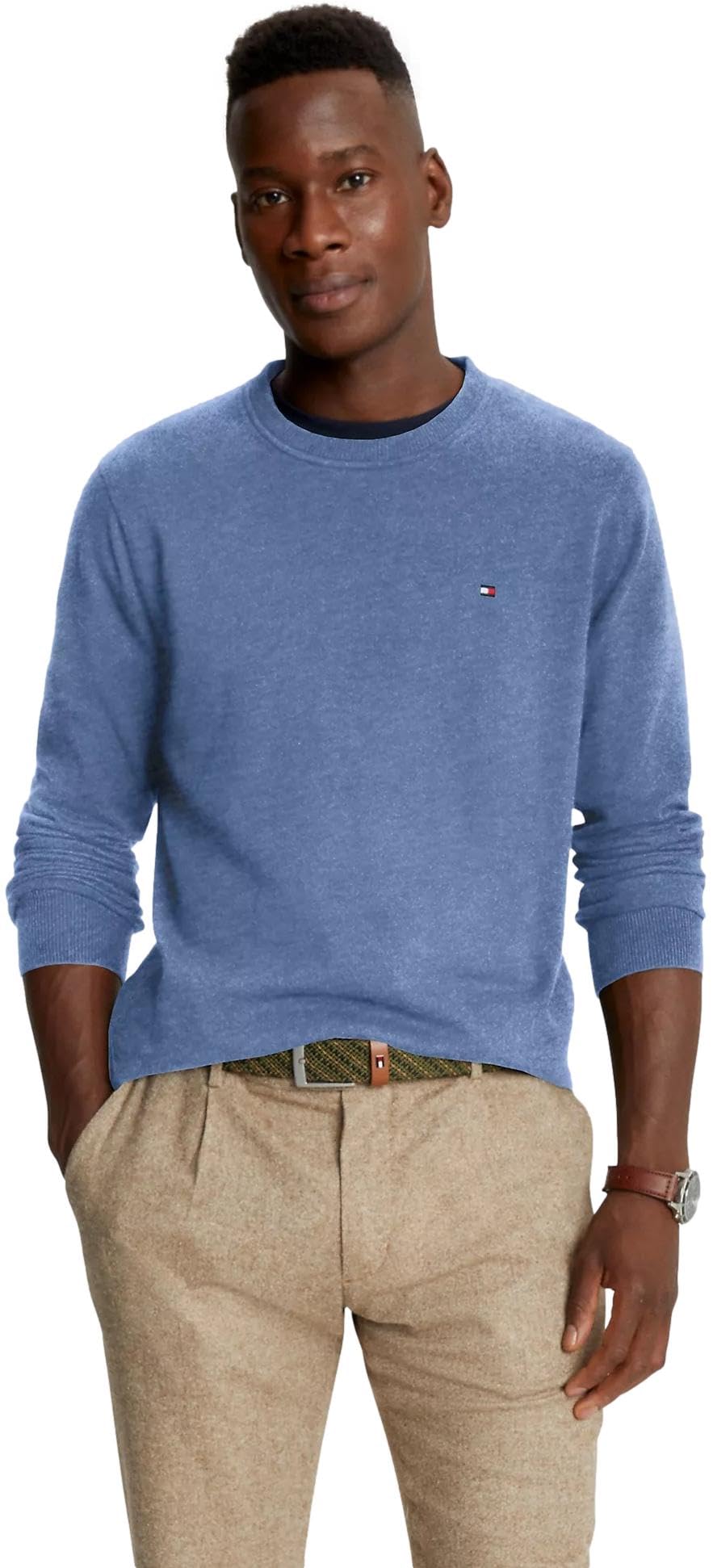 Suéter Tommy Hilfiger Solid Com Gola Redonda Para Homens Bluehtr Tamanho M