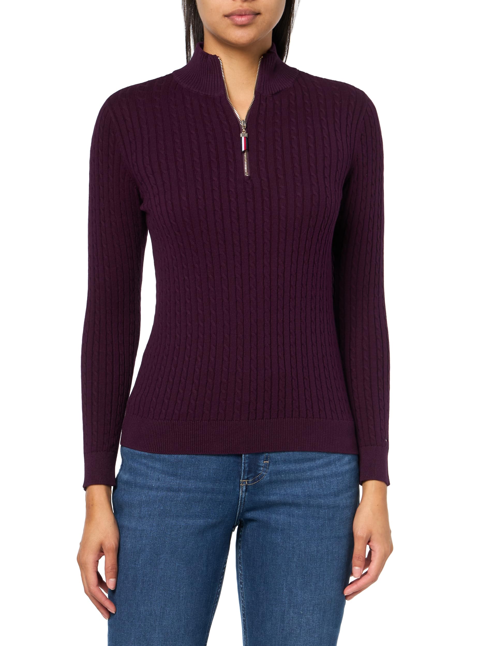 Pulôver Feminino Tommy Hilfiger Com 1/4 De Zíper, Gola Simulada, Beringela