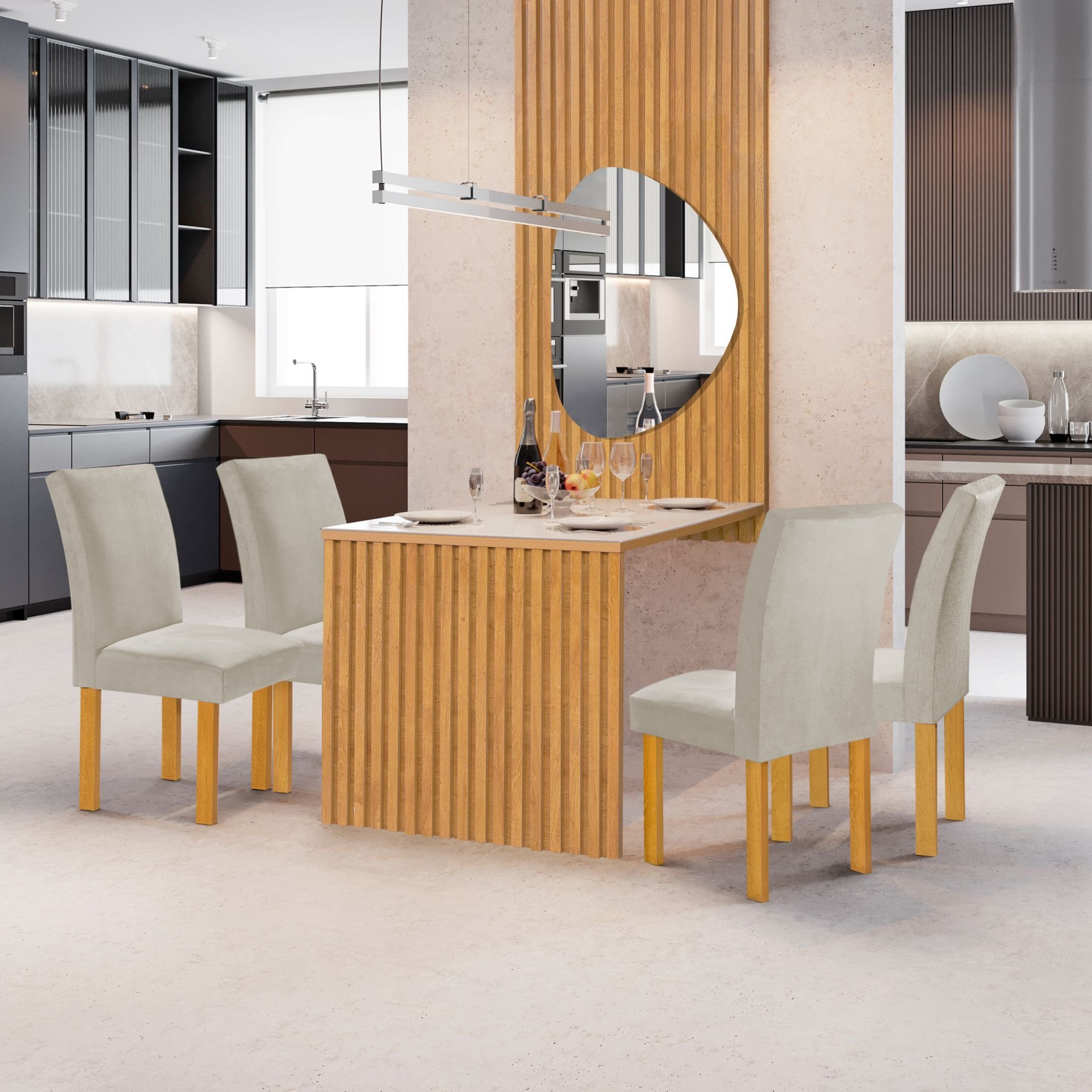 Conjunto Mesa Bella Ripada 120cm Com Painel Espelhado Tampo Bella Com Vidro 4 Cadeiras Canela Cinamomo/off White/veludo Bege Claro