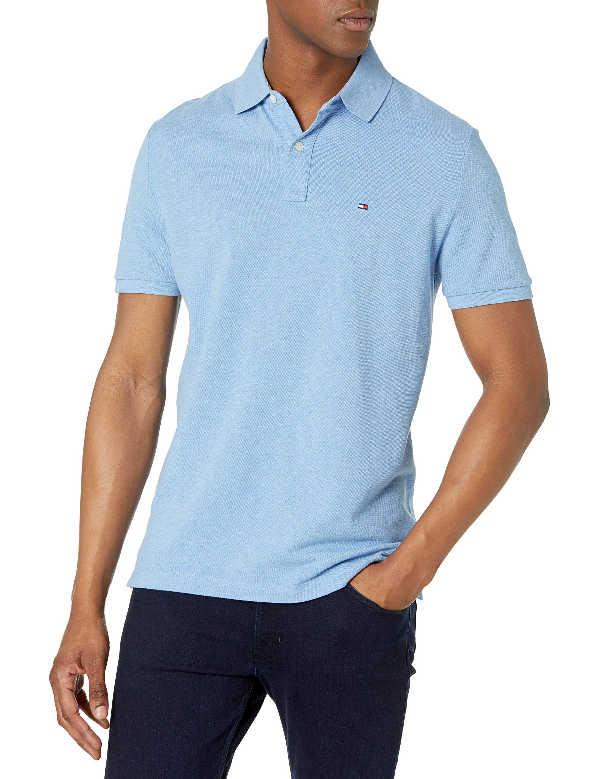 Camisa Polo Tommy Hilfiger De Manga Curta, Ajuste Personalizado, Azul Hthr
