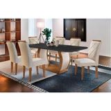 Sala De Jantar Completa Jade Tampo Madeirado Com Vidro Curvo 180x90 E 6 Cadeiras Melissa Imbuia - Veludo Creme - Rufato
