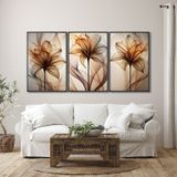 Quadro Decorativo Modelo Floral Abstrato 3 Telas De Parede Para Sala Quarto Escritório 60cm X 90cm Sem Vidro Preto
