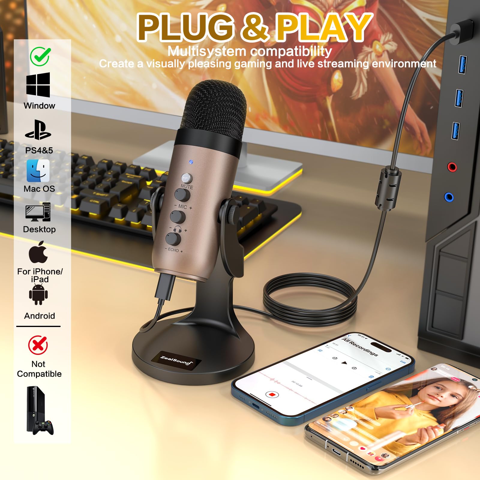 Microfone Usb Zealsound Série K66 Para Computador Pc Mac Ps4 E 5