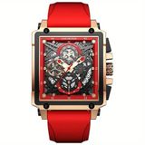 Relógio Masculino Lige, Quadrado De Pulso À Prova D&#39;água Com Pulseira De Silicone Quartzo Esportivo Vermelho