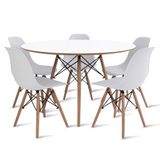 Conjunto De Mesa De Jantar Eames Eiffel Redonda 100cm Tampo De Madeira Branco Com 5 Cadeiras Brancas