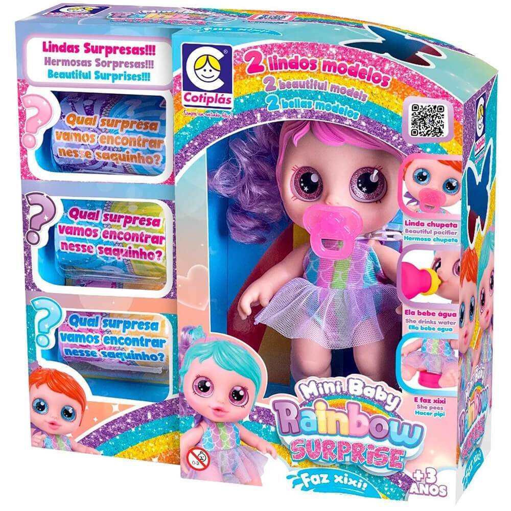 Boneca Mini Baby Rainbow Surprise Faz Xixi Com Mechas Verdes 21cm Cotiplas