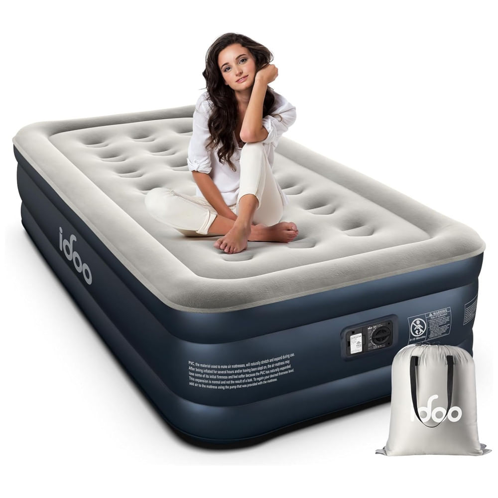 Colchao Inflavel Solteiro, Com Bomba De Ar Embutida, 110v, Idoo, Azul