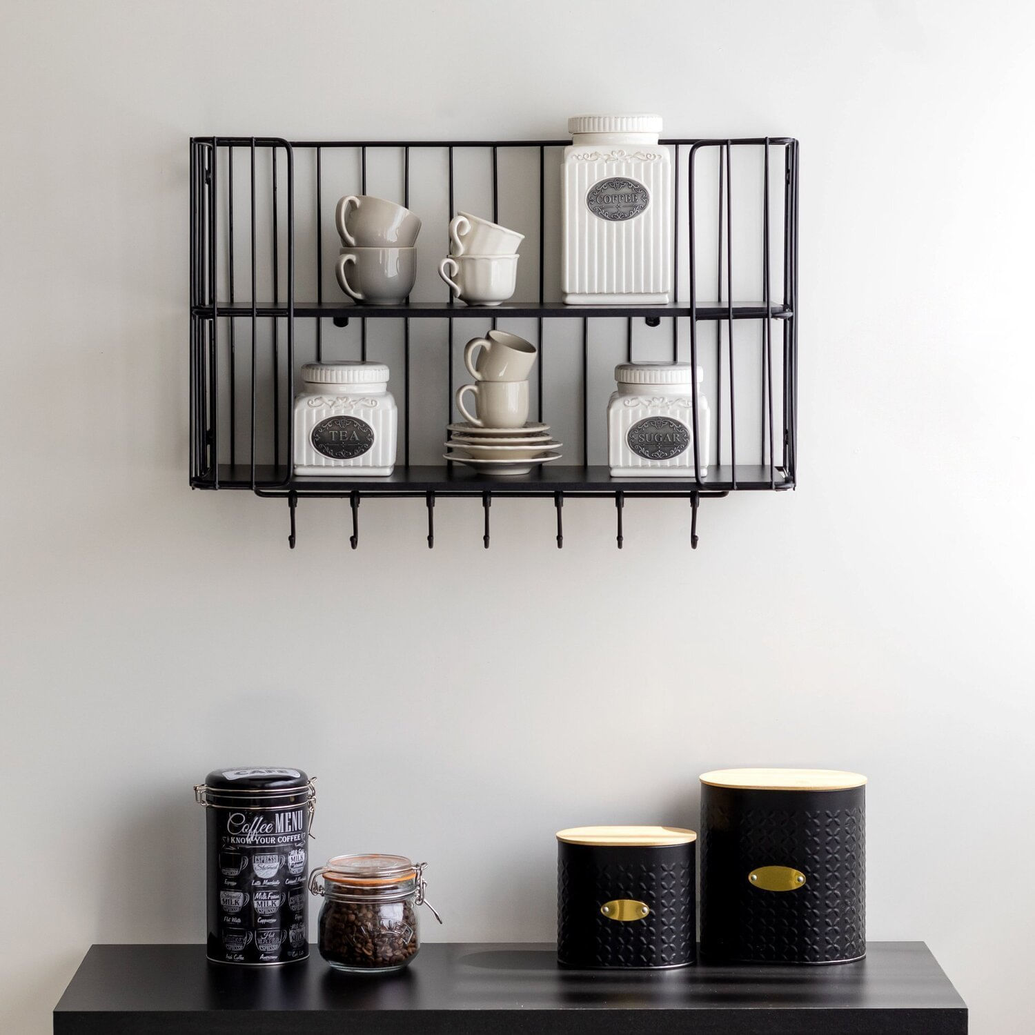 Prateleira Country Dupla Com Ganchos Preto