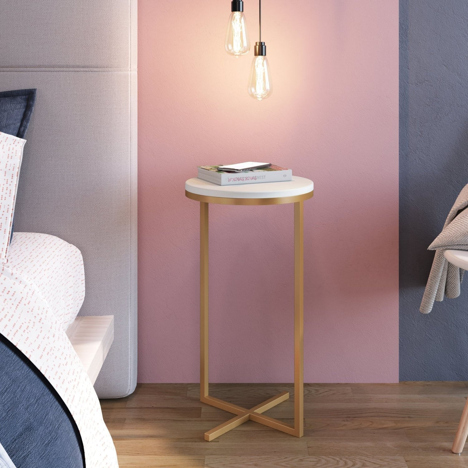 Mesa Lateral Alta 56 X 30cm Volpi Branco/dourado