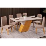 Sala De Jantar Completa Rubi Tampo Madeirado C- Vidro Curvo 170x90cm E 6 Cadeiras Lia Cedro-off White-off White - Suede Kraft - Dj Móveis