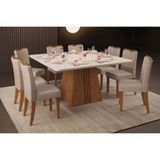 Sala De Jantar Completa Itália Tampo Madeirado C- Vidro Curvo 136x136cm E 8 Cadeiras Julia Freijo-off White - Suede Kraft - Dj Móveis