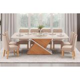 Sala De Jantar Completa Zafira Tampo Madeirado C- Vidro Curvo 200x100cm E 8 Cadeiras Jade Off White - Freijo-suede Kraft - Dj Móveis