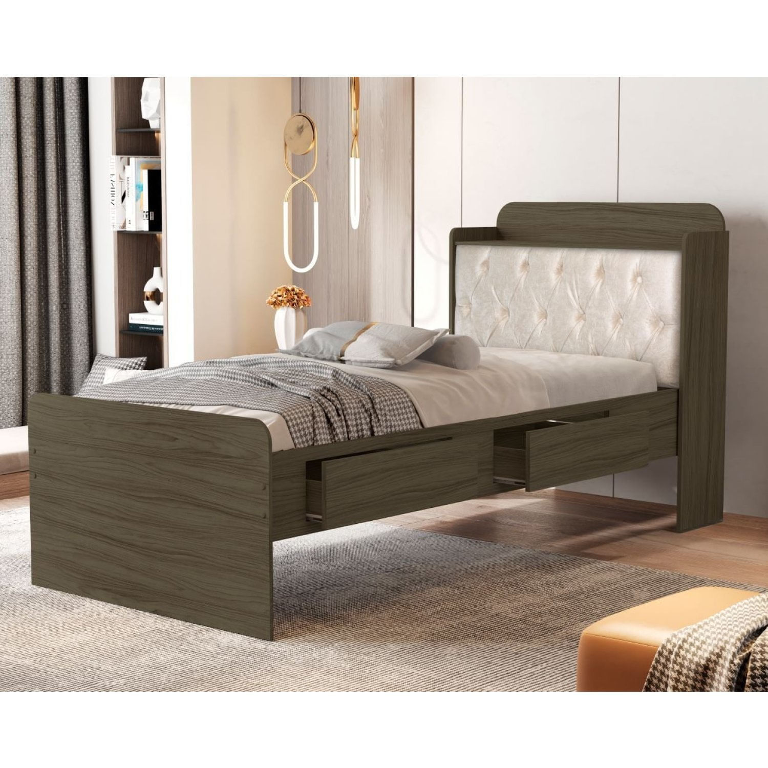 Cama Solteiro Com Baú 2 Gavetas Tamires Castanho/bege