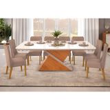 Sala De Jantar Completa Zafira Tampo Madeirado C- Vidro Curvo 200x100cm E 8 Cadeiras Jade Cedro-off White - Suede Kraft - Dj Móveis
