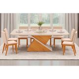 Sala De Jantar Completa Zafira Tampo Madeirado C- Vidro Curvo 200x100cm E 8 Cadeiras Sofia Cedro-off White - Ipe-suede Creme - Dj Móveis