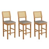 Conjunto 3 Banquetas Jade 03 Madeira Maciça Jcm Encosto Rattan E Veludo Cinza