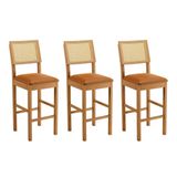 Conjunto 3 Banquetas Jade 03 Madeira Maciça Jcm Encosto Rattan E Couro Caramelo