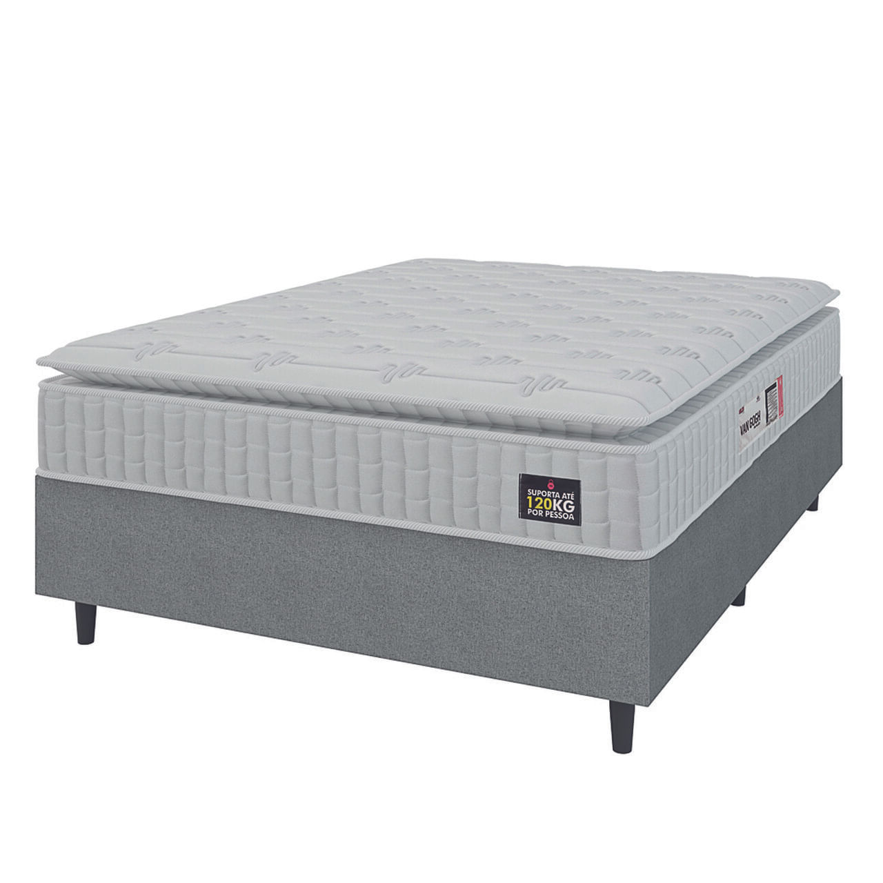 Cama Box Colchão Casal Espuma D33 Vangogh Pillow Top 138x188x67cm Branco / Cinza Hellen - Suporta até 120kg por Pessoa