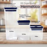 Kit Com 03 Potes Organizador Hermético Azul Armazenamento