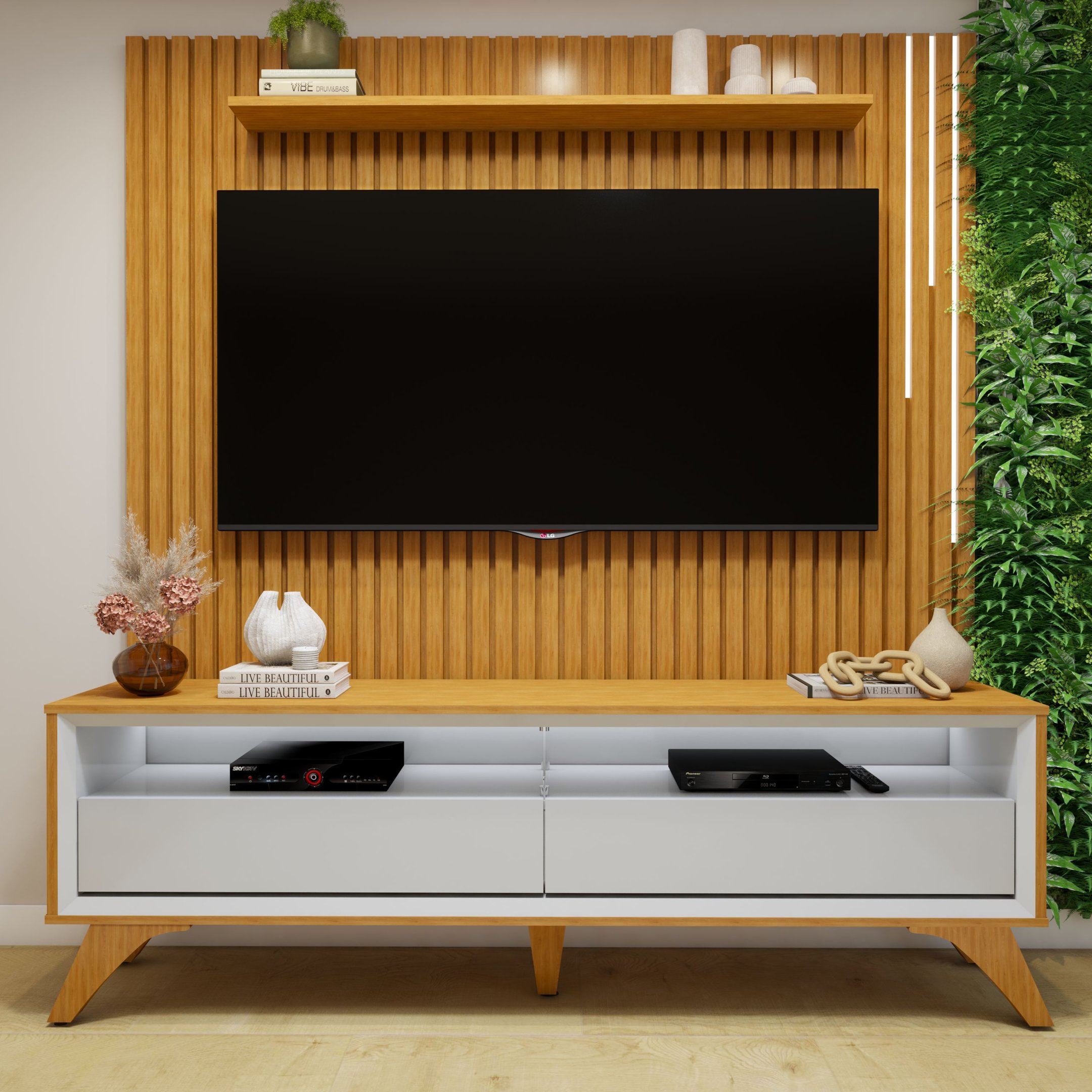 Conjunto Rack Áustria 180cm Com Painel Ripado Com Led Para Tv De Até 75 Polegadas Paris Naturalle/off White