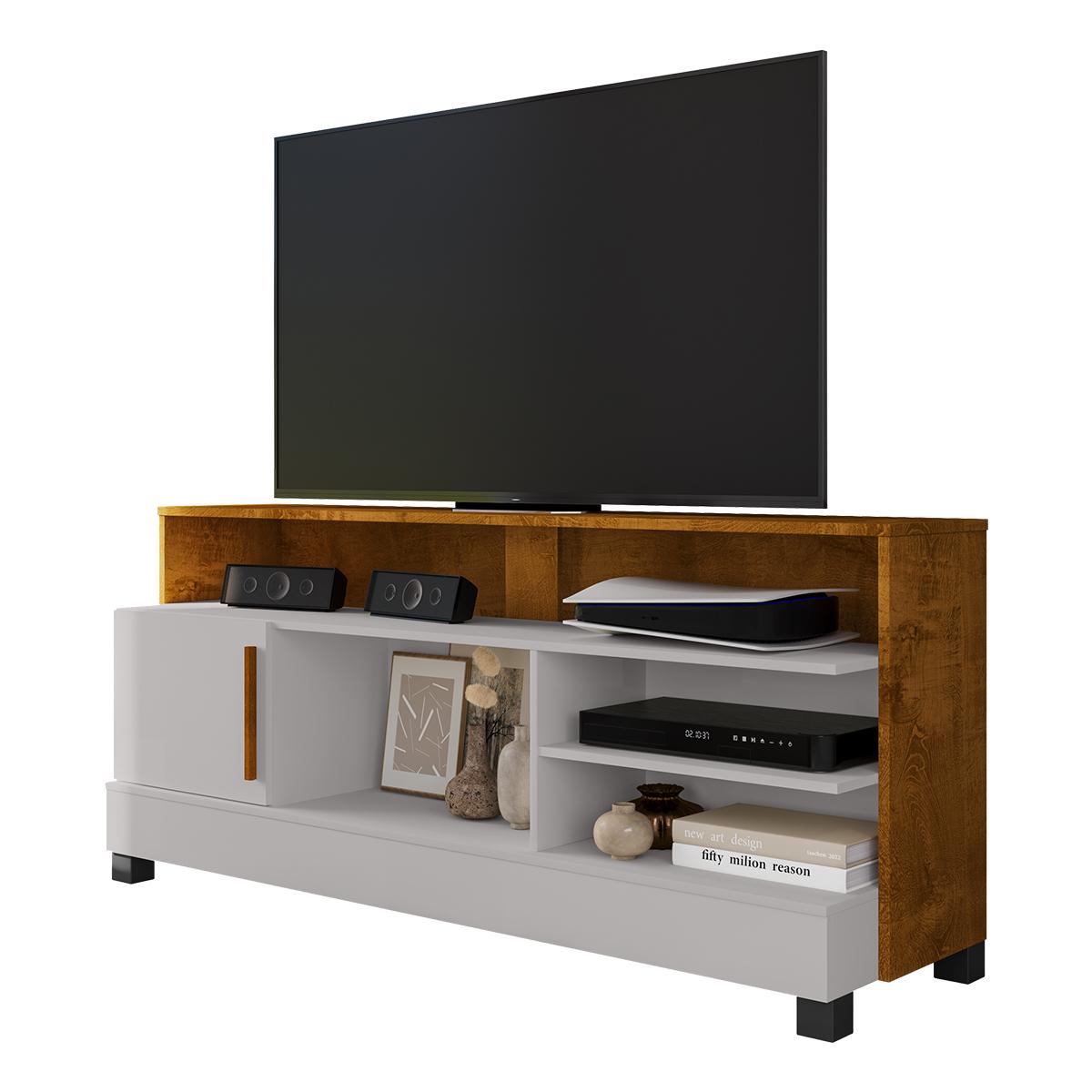 Rack Taipu Tv 55 Polegadas Com 1 Porta E Pés Madeira Maciça Off White/naturale