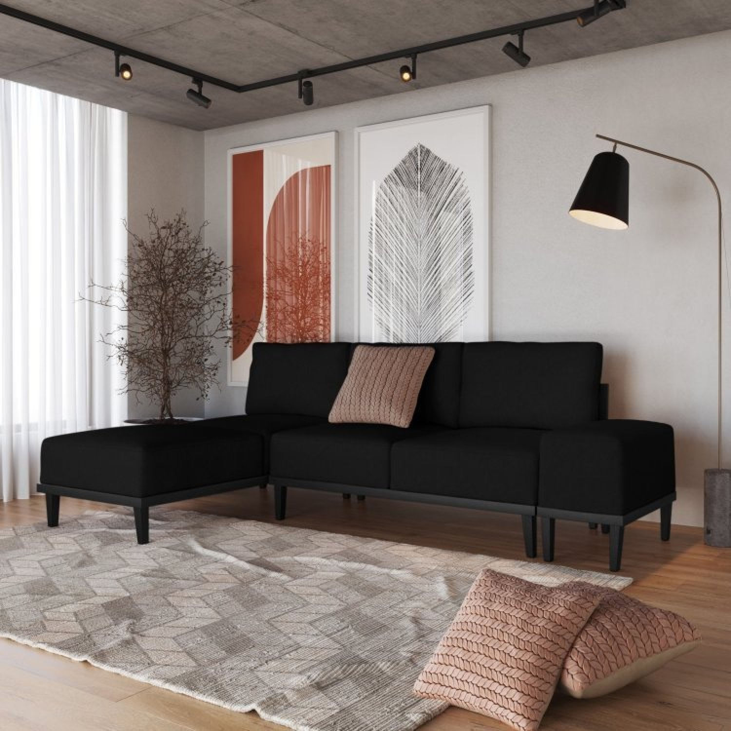 Sofá 2 Lugares 1 Chaise E 1 Puff Boreal Cabecasa Madeiramadeira Cinza