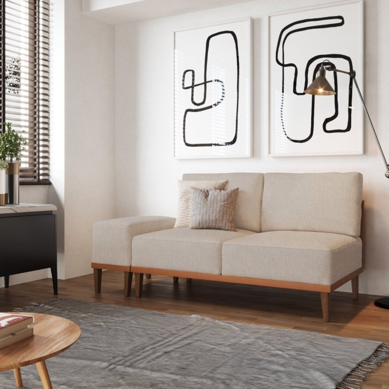 Sofá 2 Lugares E 1 Puff Em Linho Boreal Com Mola Ensacada Cabecasa Madeiramadeira Areia