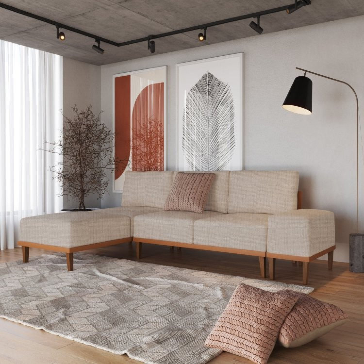 Sofá 2 Lugares 1 Chaise E 1 Puff Boreal Cabecasa Madeiramadeira Areia