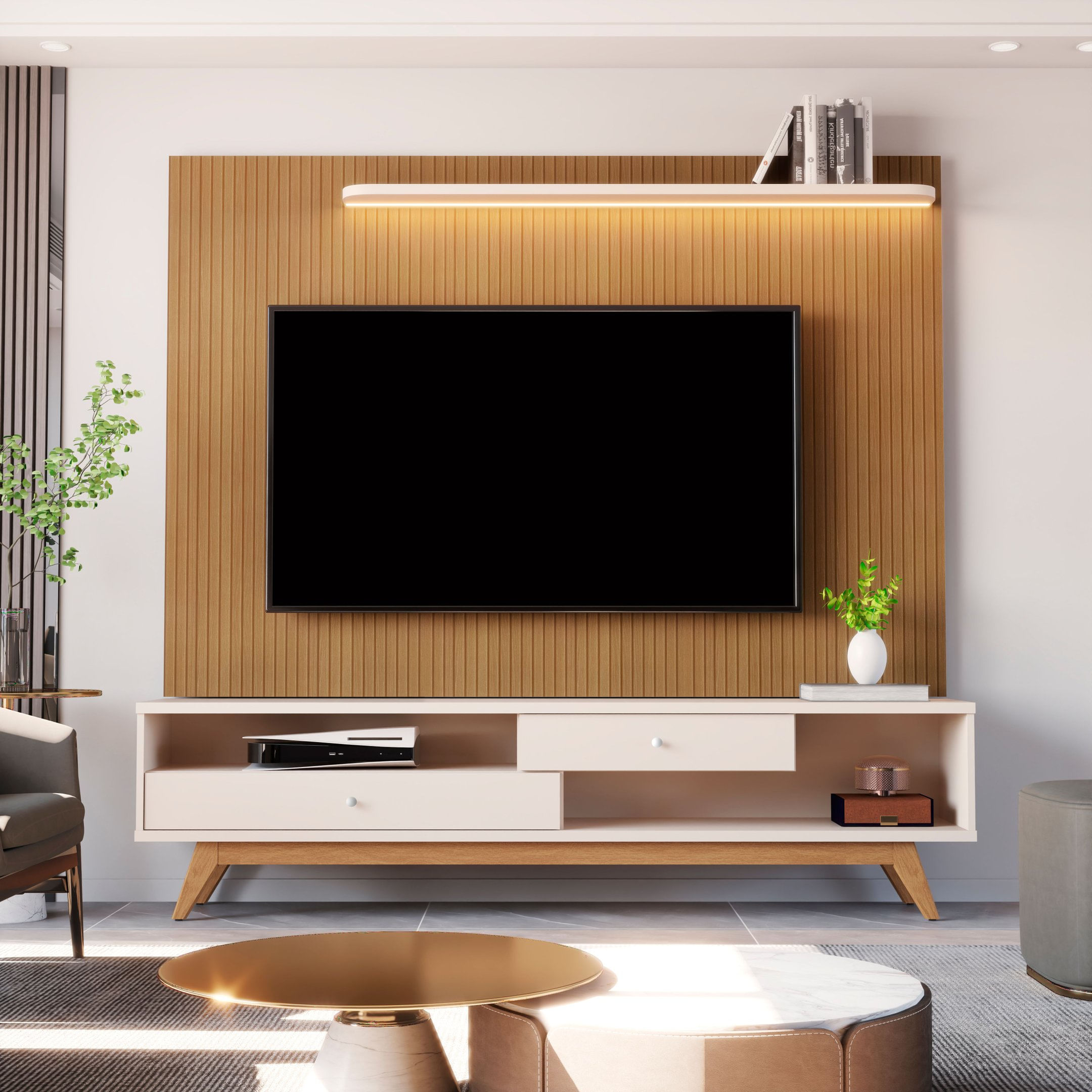 Estante Home Theater Para Tv Até 75 Polegadas Com Led Home 5232 Jb Bechara Elmo/pérola