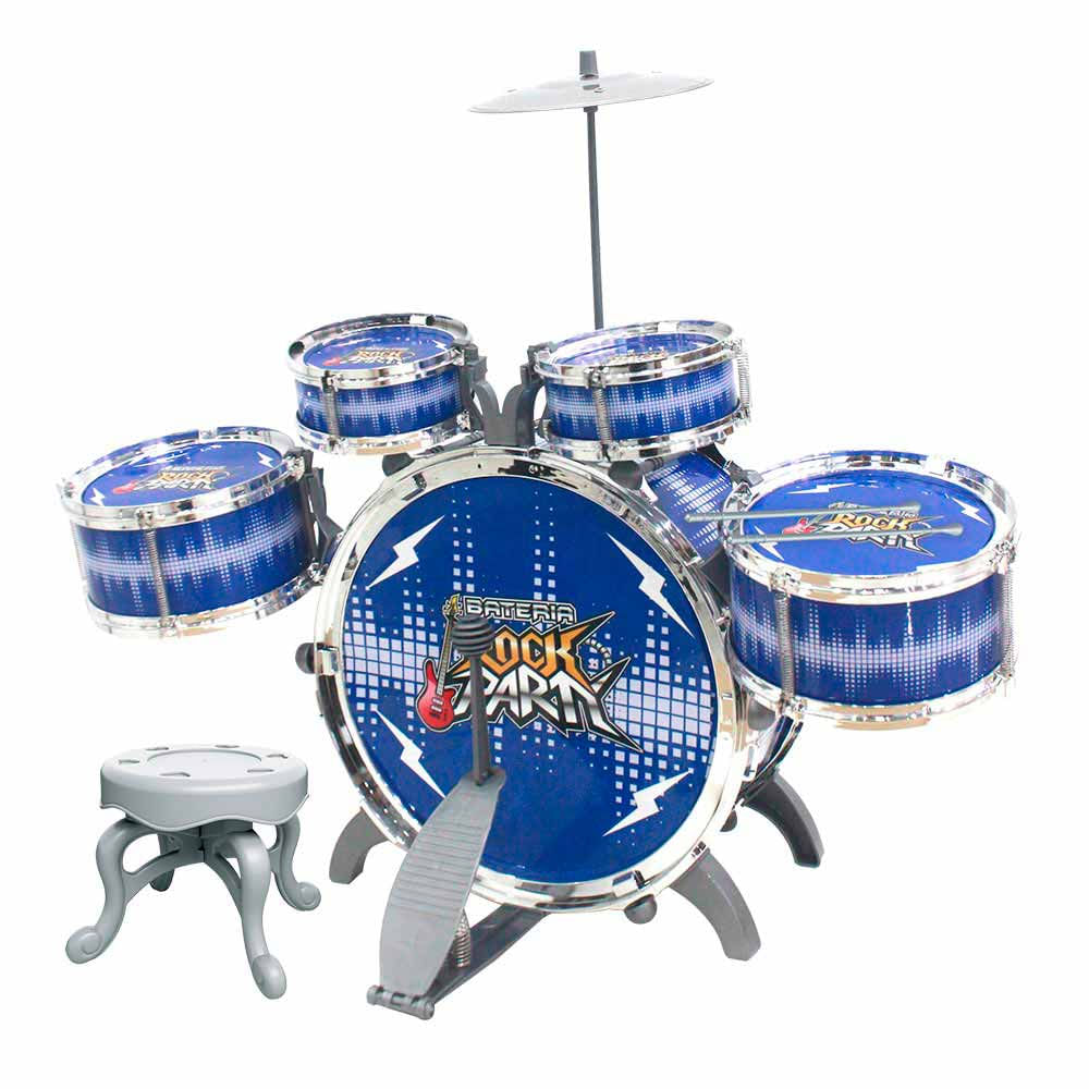 Bateria Infantil Com Banquinho Rock Party Azul Dm Toys