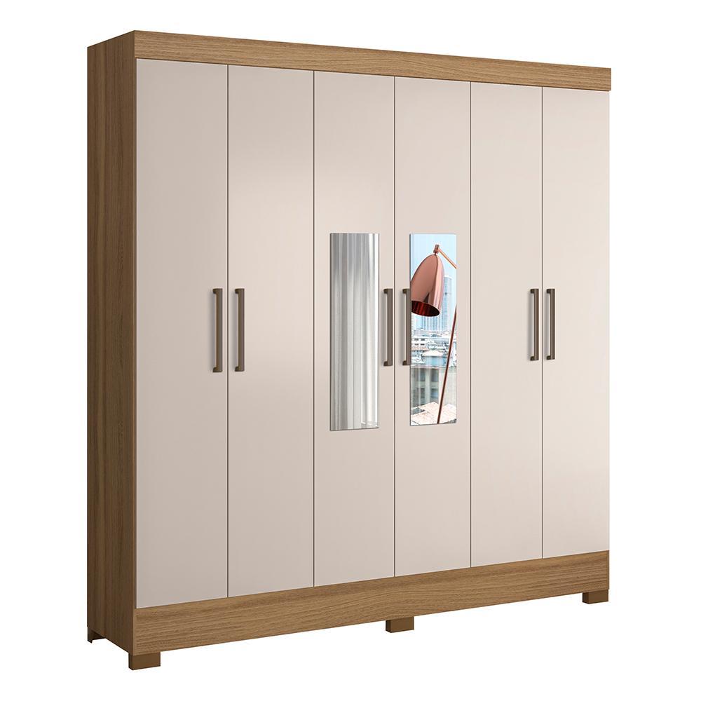 Guarda Roupa Casal Prático 6 Portas Amêndola/off White Com Espelho - Demóbile