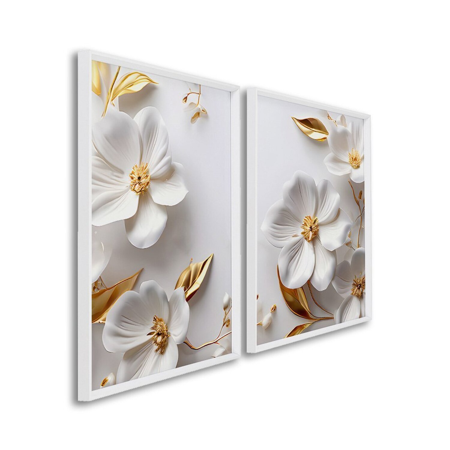 Quadro Com Flores Brancas Delicado Com 2 Telas De Parede Decorativo Para Sala Quarto Escritório 60cm Sem Vidro Branco
