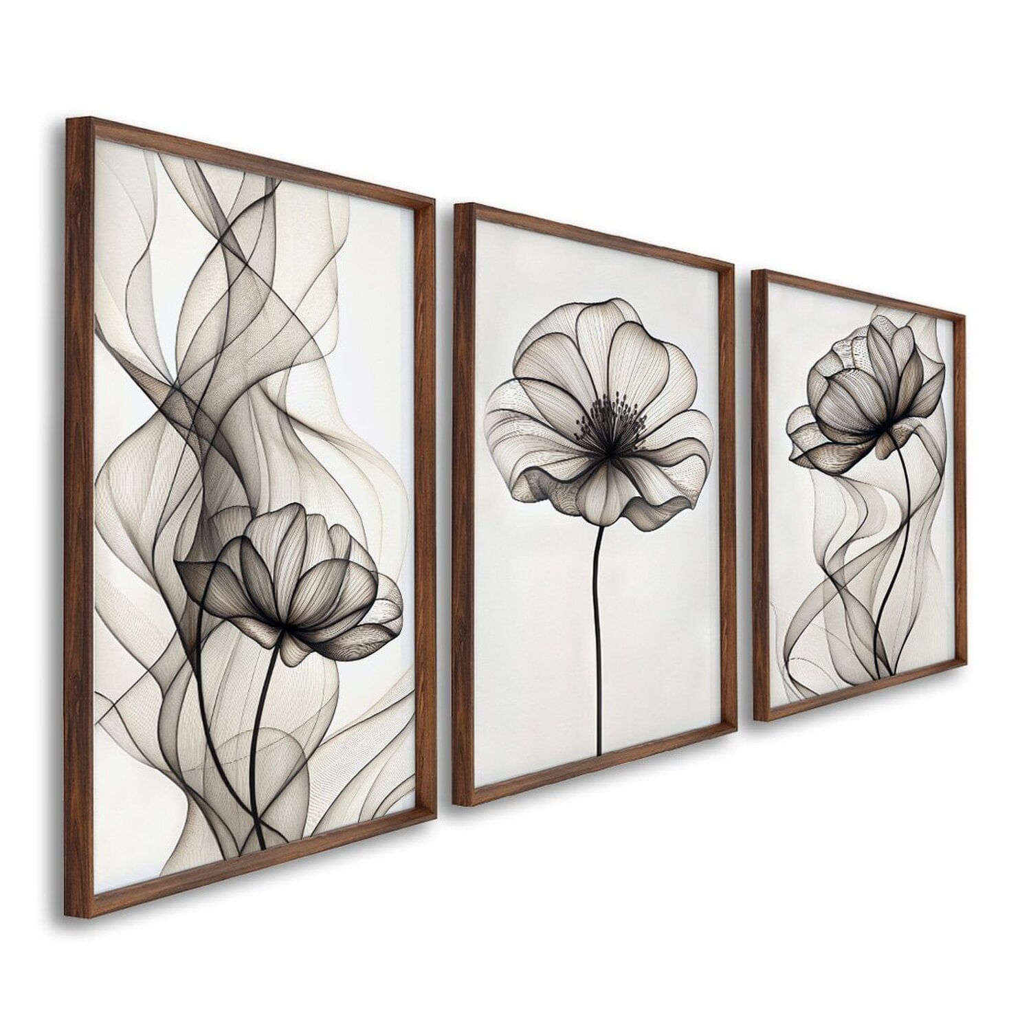 Quadro Decorativo Modelo Floral Iii Com 3 Telas De Parede Para Sala Quarto Escritório 60cm X 90cm Sem Vidro Marrom