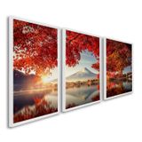 Quadro Decorativo Paisagem Montanhas E Flores Vermelhas Com 3 Telas De Parede Para Sala Quarto Escri Com Vidro Branco