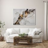 Quadro Decorativo Ouro E Cinza Com 2 Telas De Parede Para Sala Quarto Escritório 60cm X 90cm Com Vidro Branco