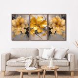 Quadro Decorativo Floral Amarelo Com 3 Telas De Parede Para Sala Quarto Escritório 60cm X 90cm Com Vidro Marrom