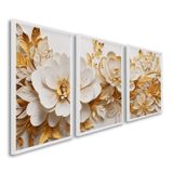 Quadro Decorativo Floral Delicado Flores Brancas E Amarelas Com 3 Telas De Parede Para Sala Quarto E Sem Vidro Branco