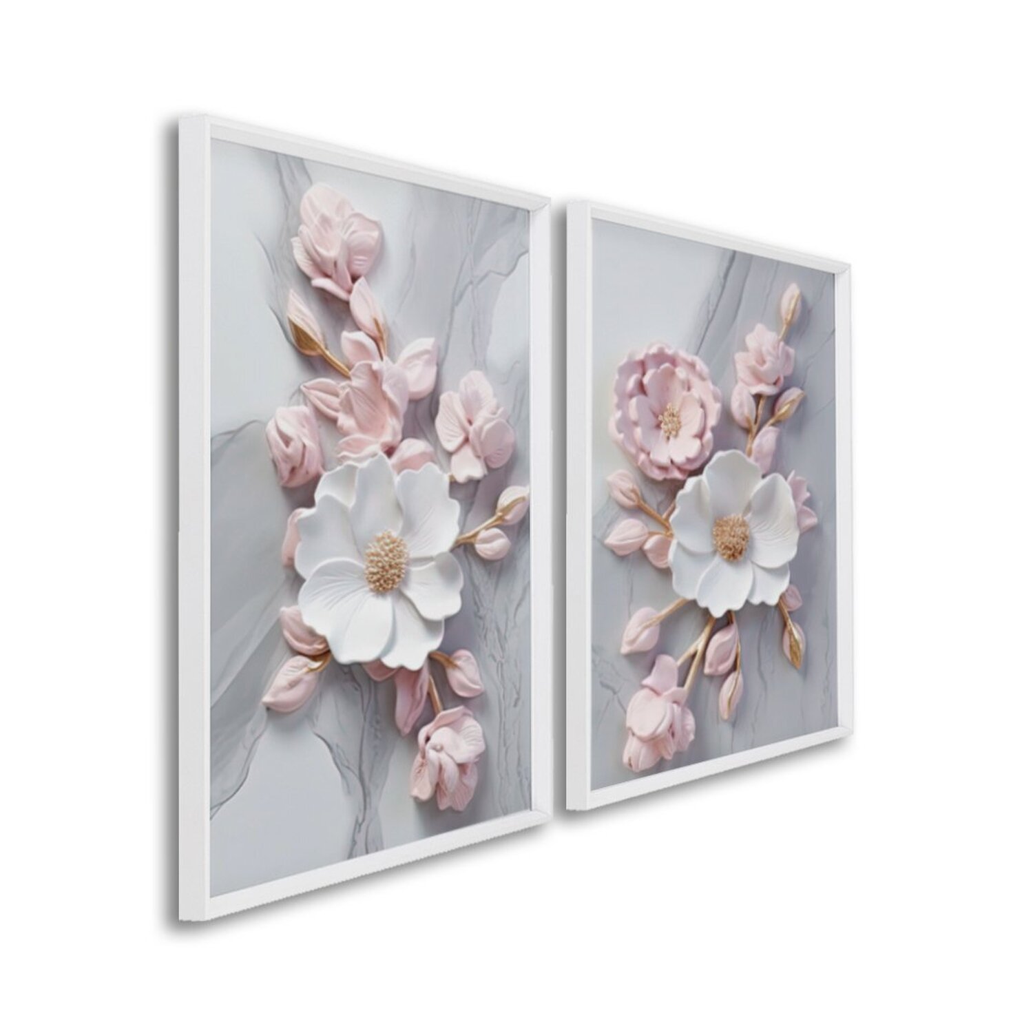Quadro Decorativo Floral Flor De Porcelana Com 2 Telas De Parede Para Sala Quarto Escritório 60cm X Sem Vidro Branco