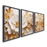 Quadro Decorativo Floral Delicado Flores Brancas E Amarelas Com 3 Telas De Parede Para Sala Quarto E Com Vidro Preto