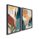 Quadro Decorativo Paisagem Tropical Plantas E Folhas Com 2 Telas De Parede Para Sala Quarto Escritór Sem Vidro Preto