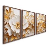 Quadro Decorativo Floral Delicado Flores Brancas E Amarelas Com 3 Telas De Parede Para Sala Quarto E Sem Vidro Marrom