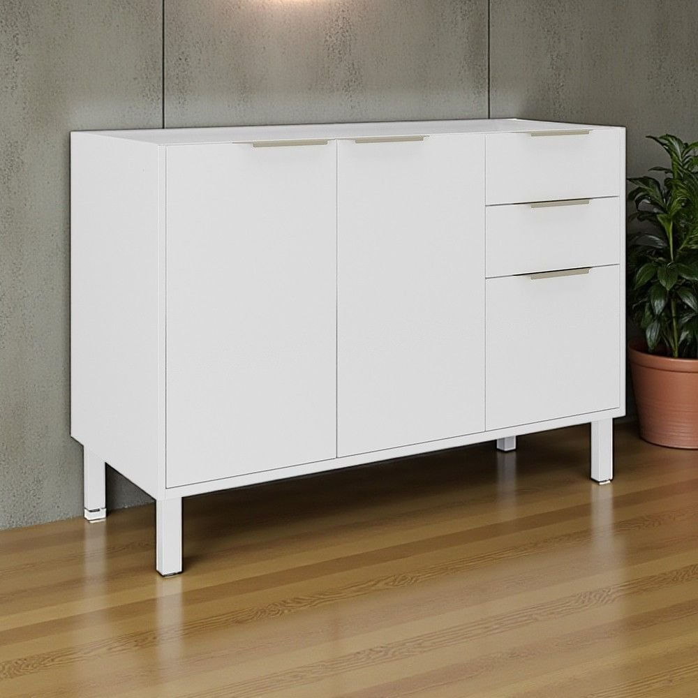 Balcão Cozinha Em Aço 3 Portas 2 Gavetas 120cm Com Dobradiças Slow Motion Renova Itatiaia Branco Neve