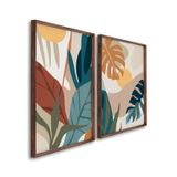 Quadro Decorativo Paisagem Tropical Plantas E Folhas Com 2 Telas De Parede Para Sala Quarto Escritór Com Vidro Marrom