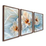 Quadro Decorativo Floral Flor De Hibisco Com 3 Telas De Parede Para Sala Quarto Escritório 60cm X 90 Com Vidro Marrom