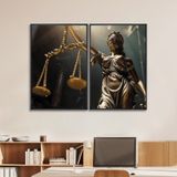 Quadro Decorativo Temático Direito Balança Da Justiça Com 2 Telas De Parede Para Escritório Sala Hal Com Vidro Preto