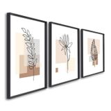 Quadro Decorativo Modelo Floral Iv Com 3 Telas De Parede Para Sala Quarto Escritório 60cm X 90cm Sem Vidro Preto