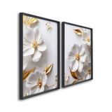 Quadro Com Flores Brancas Delicado Com 2 Telas De Parede Decorativo Para Sala Quarto Escritório 60cm Com Vidro Preto