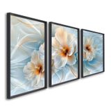 Quadro Decorativo Floral Flor De Hibisco Com 3 Telas De Parede Para Sala Quarto Escritório 60cm X 90 Com Vidro Preto