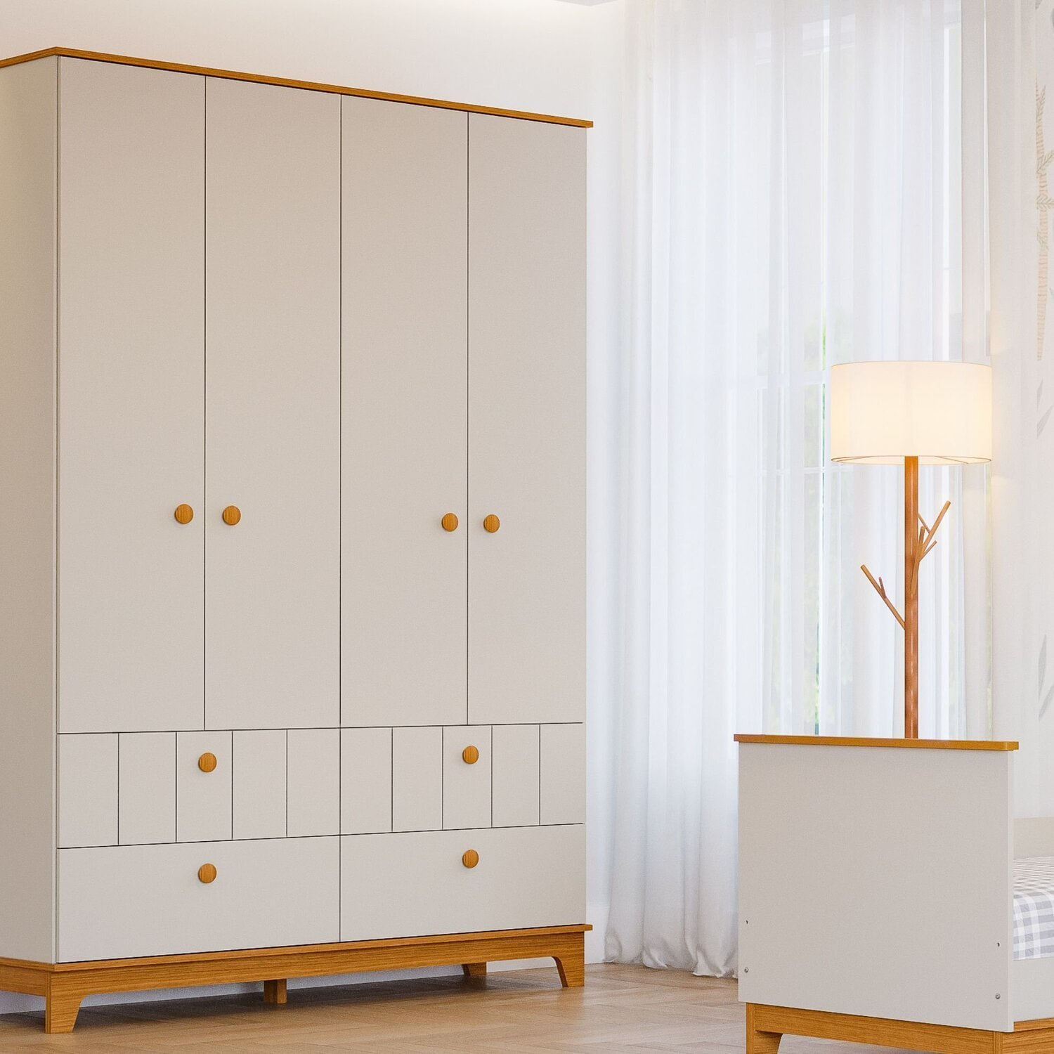 Guarda Roupa De Bebê 4 Portas 4 Gavetas Chantilly Expresso Móveis Off White / Nature