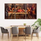 Quadro Decorativo Religioso A Santa Ceia Com 3 Telas Para Sala Quarto Igreja 60cm X 90cm Com Vidro Marrom